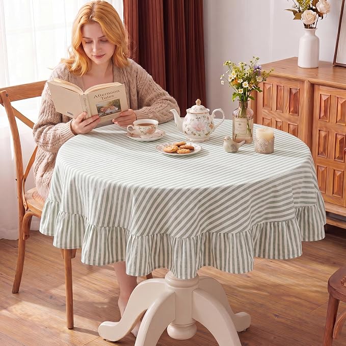 Boao Cotton 54 Inch Farmhouse Ruffle Tablecloth Sage Green White Striped Flounces Trim Table Cover for Round Table Kitchen Party Wedding Decor