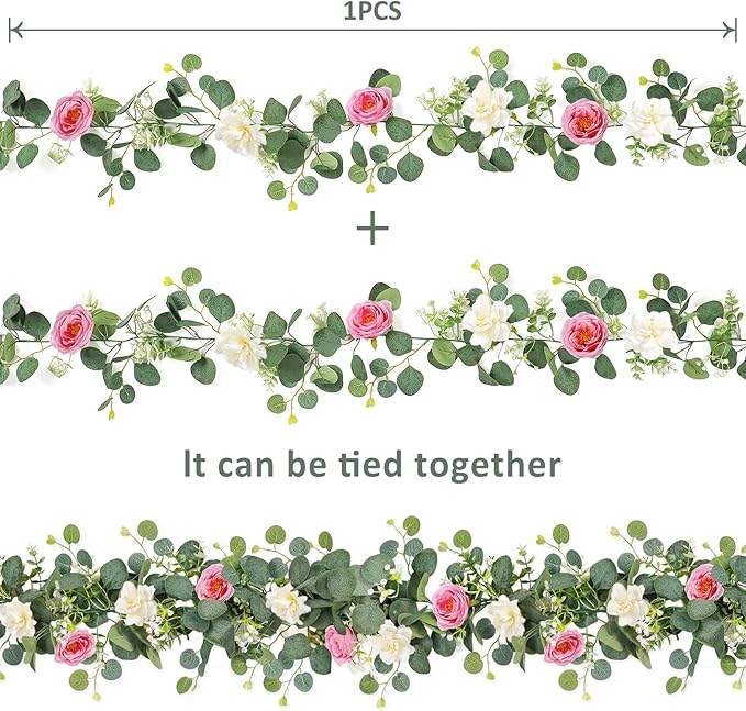 TOCHGREEN 4 Pack Artificial Eucalyptus Flower Garland with White Pink Roses, Fake Rose Flower Greenery Garland Floral Vines for Wedding Home Party Table Runner Decor (White Pink, 4PCS)