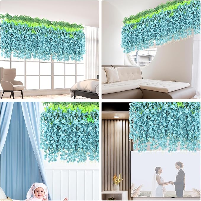 LELEE 25 Pcs Artificial Wisteria Hanging Flowers 3.6ft Light Blue Fake Hanging Flowers Garland Silk Flowers Rattan String Faux Wisteria Vine for Wall Home Wedding Party Arch Greenery Backdrop Decor