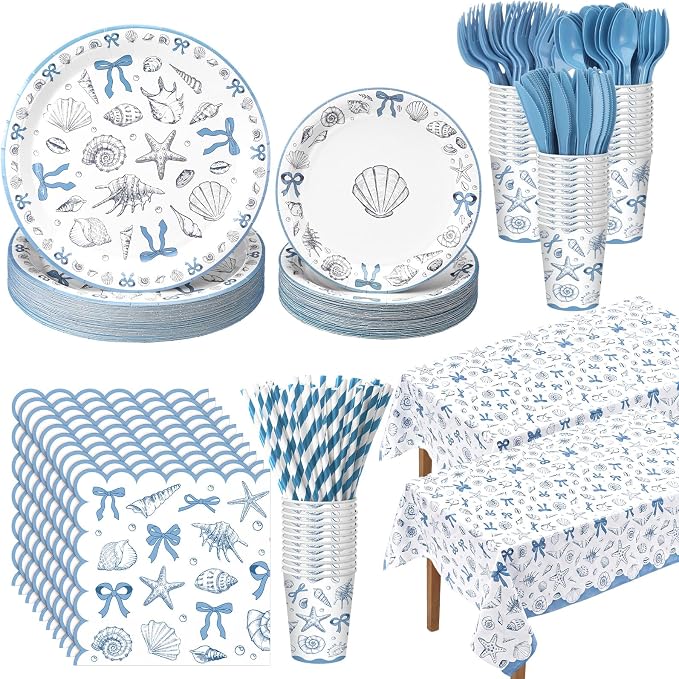 Vesici 452 Pcs Coastal Beach Party Supplies for 50 Guests Blue Bow Seashell 9” 7” Plates Napkins Tablecloth 9oz Cups Disposable Tableware Set for Summer Ocean Theme Birthday Baby Shower Decorations
