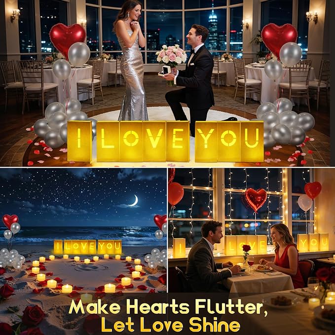 Lewondr I Love You Sign Light Up Letters, Valentines Day Decorations, Luminary Paper Bags with 6H Flameless Candles, Heart & Silver Balloons, 2000 Rose Petals, Surprise for Anniversary Romantic Decor