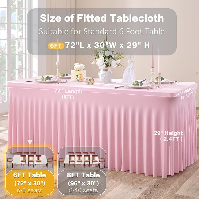 2Pack Baby Pink Spandex Table Clothes for 6 Foot Rectangle Tables, Wrinkle Free Fitted Tablecloths 6ft Stretchy Light Pink Tablecovers Desk Skirt for Parties Weddings Birthday Banquet Baby Shower