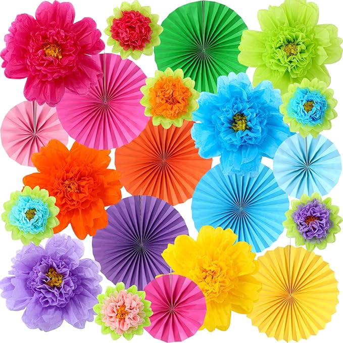 Kosiz 21 Pcs Colorful Paper Flower Decorations for Wall Paper Fans Tissue Floral Hanging Decorations for Spring Summer Birthday Wedding Mexican Fiesta Mother's Day Baby Shower Party Classroom Home