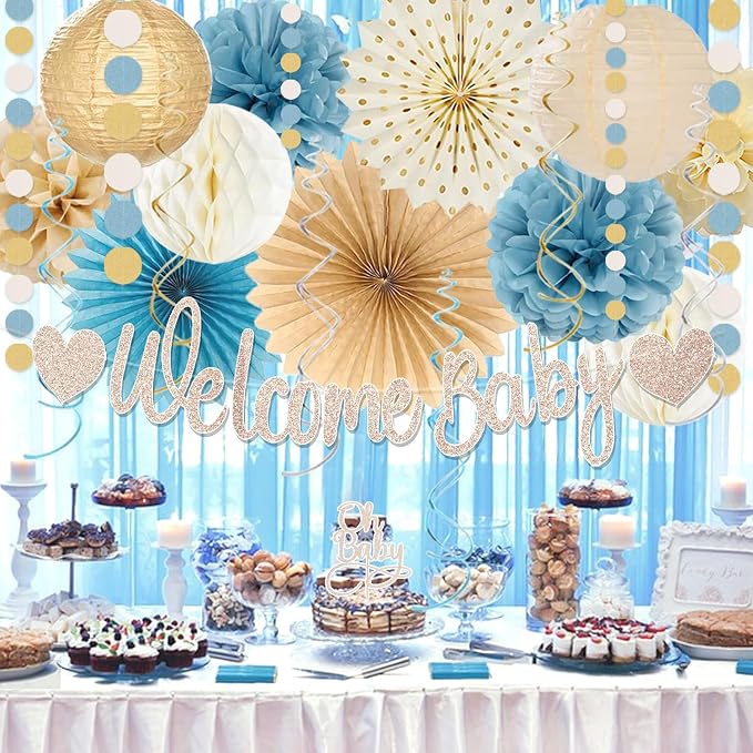 Light-Dusty Blue Boho Baby Shower Decorations, 69pcs Beige Champagne Boy Neutral Welcome Baby Banner Décor With Sand White Ice Blue Balloons Paper Lanterns Pom Poms Fan Baby Shower Party Wall Backdrop