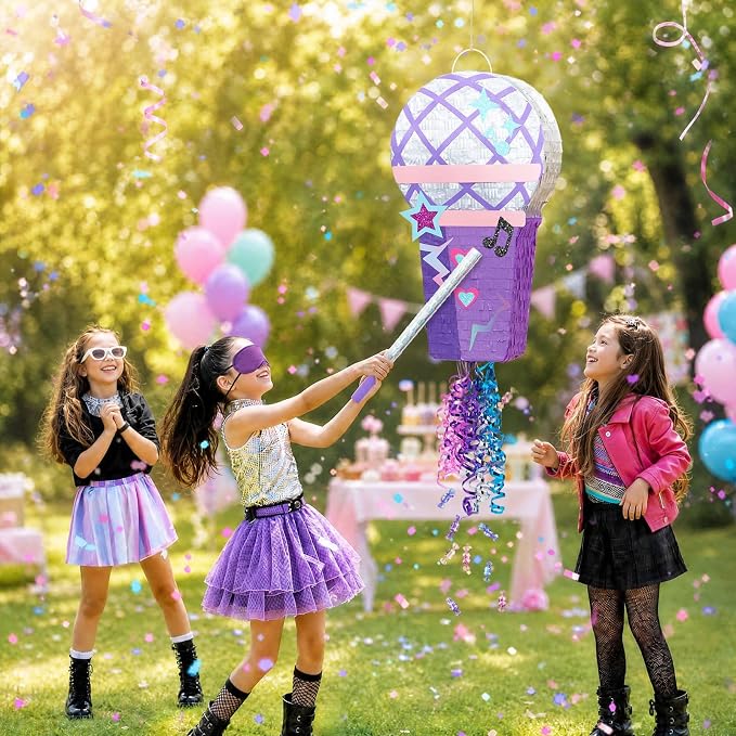 WERNNSAI Microphone Piñata - Purple Pink Pull String Piñata, Stick and Blindfold, Girl Party Game Supplies for Birthday, Kpop Party, Carnivals Games Decor (16.5"x9.1"x3")