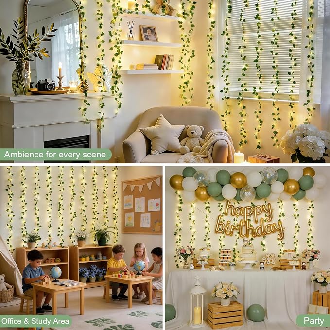JMEXSUSS 200 LED Vine Lights Battery Operated & USB Powered, Pothos Vines with Fairy Lights Waterproof, Curtain Lights with Remote for Bedroom, Wedding, Dorm, Indoor, Outdoor Decor, 6.5x6.5ft