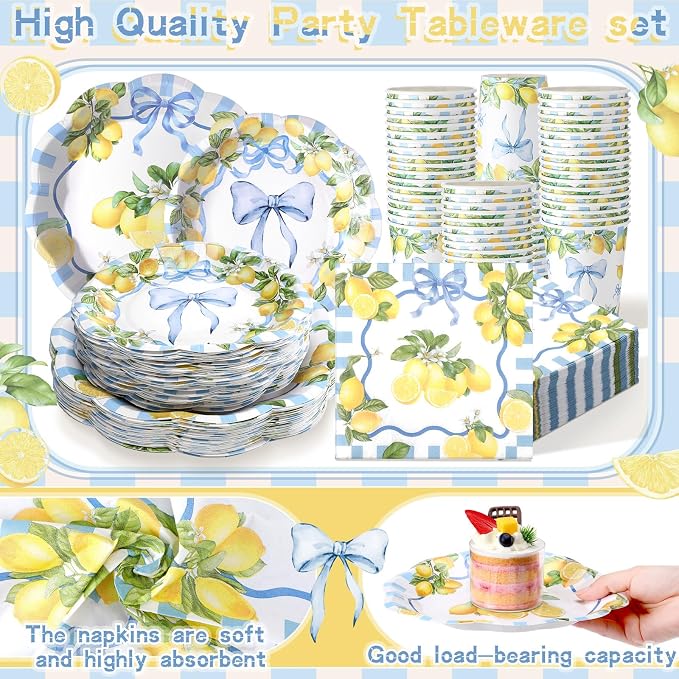 Newtay 250 Pcs Amalfi Lemon Party Plates and Napkins Blue Bow Lemon Theme Disposable Plates Bachelorette Birthday Tableware for 50 Guests for Wedding Bridal Shower Mediterranean Party Supplies