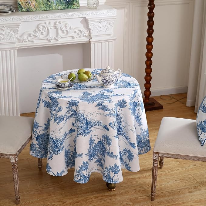patdrea Elegant French Linen Tablecloth,Round,Diameter 67"-Lucerne A | Vintage Elegant Table Cloth for Round Table,Blue and White Chinoiserie Print,for Dining Room Tea Party Thanksgiving