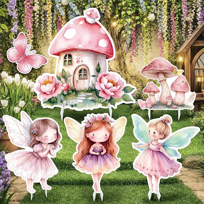 6 Pcs Fairy Wonderland Birthday Party Decoration Mushroom House Baby Shower Decoration Fairy First Birthday Cardboard Cutout Photo Props for Girls Women Party Supplies