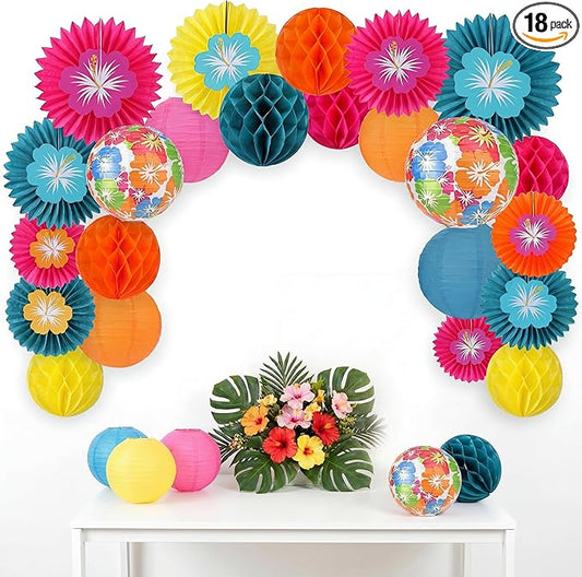 Retisee 18 Pcs Tropical Hibiscus Party Decorations Kit Colorful Hibiscus Flower Paper Lanterns Tropical Flower Hanging Paper Fans Luau Party Hanging Honeycomb Ball for Summer Hawaiian Decor Supplies