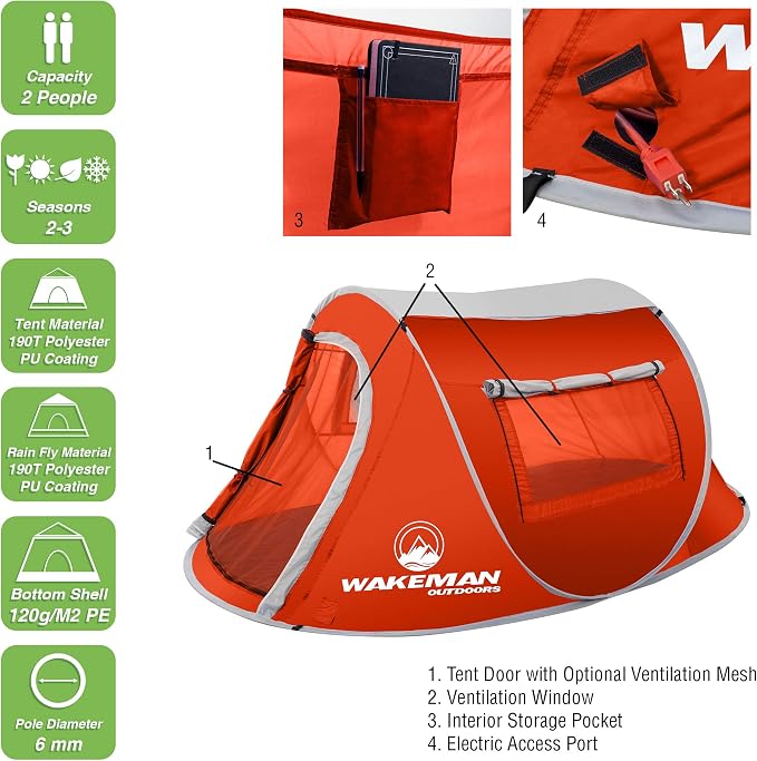 Pop-up Tent 2 Person, Water Resistant Barrel Style Tent for Camping with Rain Fly and Carry Bag, Sunchaser 2-Person Tent by Wakeman Outdoors (Red)