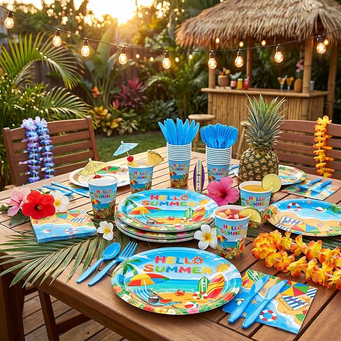 Pajean 350 Pcs Beach Party Decorations 12 in Disposable Oval Hello Summer Plates Napkins Summer Pool Beach Heavy Duty Paper Tableware Set for 50 Guests Hawaiian Birthday Pool Party Supplies