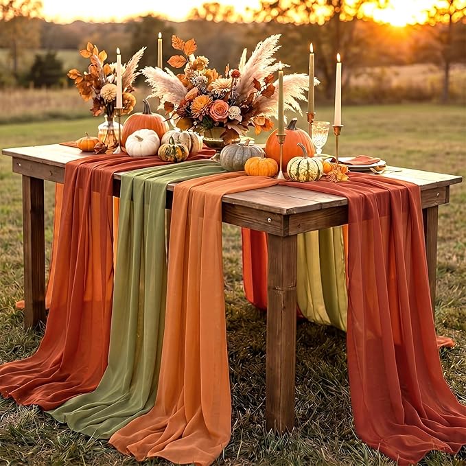 Boao 6 Pcs Fall Table Runner Burnt Orange Color Decorative Party Decorations Table Runner Cloth 10ft Boho Sheer Rustic Fabric for Wedding Birthday Party Baby Bridal Shower Graduation Dawn Decor