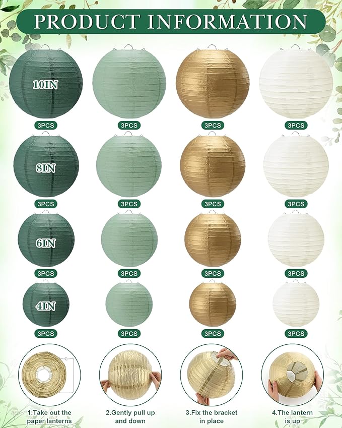Treela 48 Pcs Paper Lanterns Party Decorations Chinese Round Paper Decor 4/6/8/10 Inch Asian Hanging Lamps Decorative for Birthday Party Wedding Bridal New Year Supplies(Gradient Green)