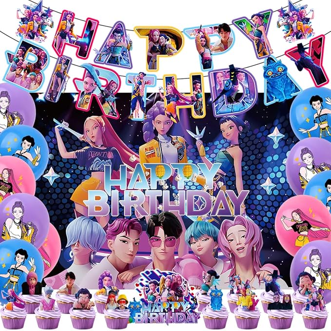 Cartoon Birthday Party Supplies, Cute Anime Party Decorations Set Include Banner, Cake Topper, Cake Cupcake Toppers, Backdrop, Balloons for Movies Theme Party