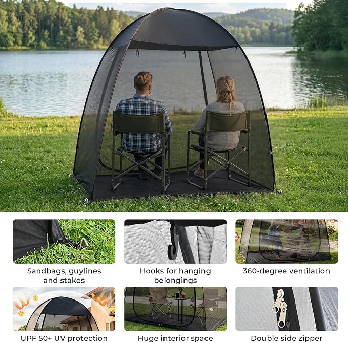 Alvantor® Pop Up Screen House Tent 6x6 FT, Snap-fit Black Mesh Screen Gazebo with Peaked Roof, Portable Screen Room Canopy Shelter with Sunshade & Sandbags for Camping, Backyard, Picnic
