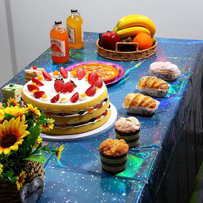 100Feet X 54 Inch Roll Iridescent Space Tablecloths Disposable Plastic Blue Galaxy Table Cloth Rectangle Roll Table Covers for Space Starry Night Star Theme Party Birthday Party Decorations