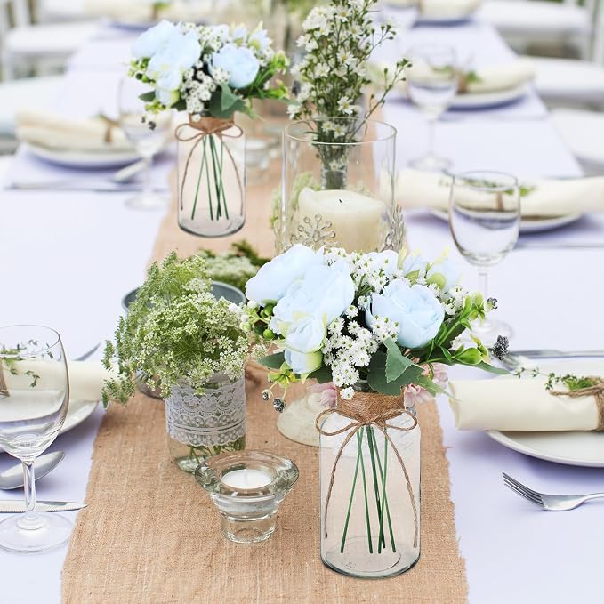 Zeyune 6 Sets Mason Jar Table Centerpiece with Artificial Peony Baby's Breath Flower Centerpieces Faux Flowers with Rope for Wedding Reception Engagement Bridal Shower Rustic Table Decor(Blue)