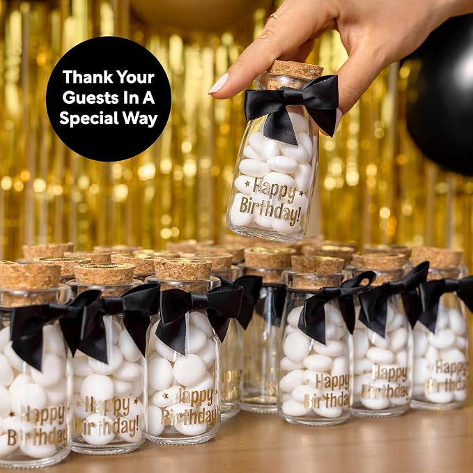 Ethisa Vintage 12 Pack Adult Birthday Party Favors Glass Bottles with Ribbons and Stickers - Classy Happy Birthday Favors and Table Centerpieces Decorations - Sturdy Candy Jar for Guests and Kids