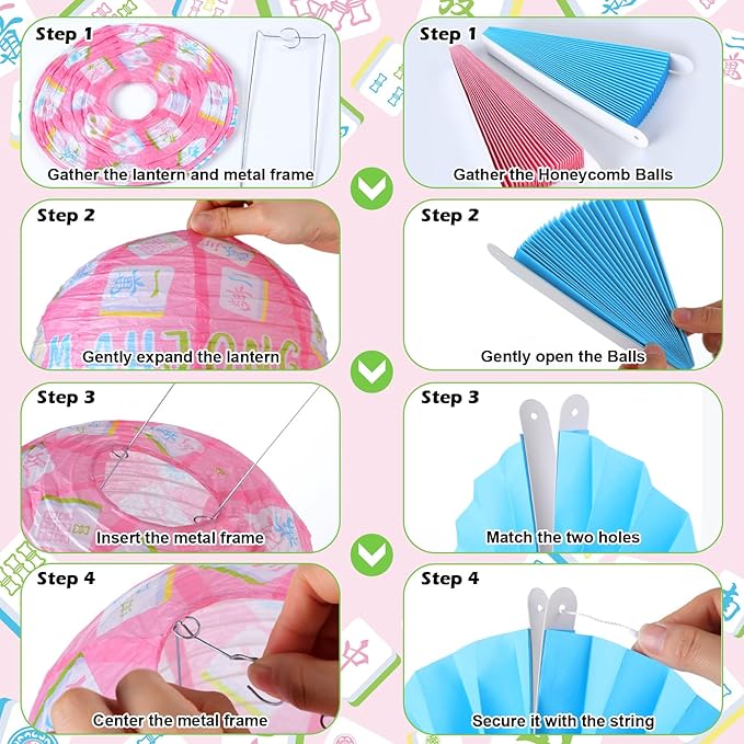 Retisee 18 Pcs Mahjong Party Decorations Mahj Hanging Paper Lanterns Honeycomb Fans Honeycomb Ball for Game Night Mahjong Night Celebrations Party Supplies