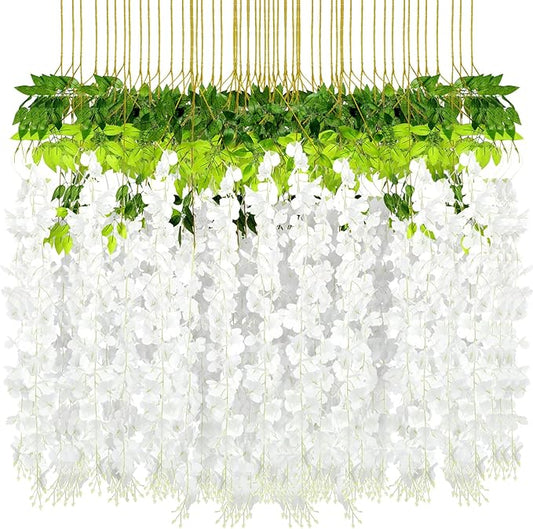 Yunsailing 108 Pack 43.2 in/ 3.6 ft Artificial Fake Wisteria Hanging Flowers Wisteria Faux Flowers Garland Silk Vine Rattan Long Hanging Flowers String for Home Outdoor Wedding Party(White)