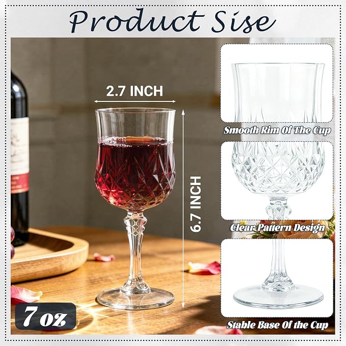 Plastic Wine Glasses, Plastic Goblets Vintage Style Cordial Unbreakable Drinking Glasses, Reusable Drinkware for Wedding Reception, Grand Event Party Supplies (24, Transparent)