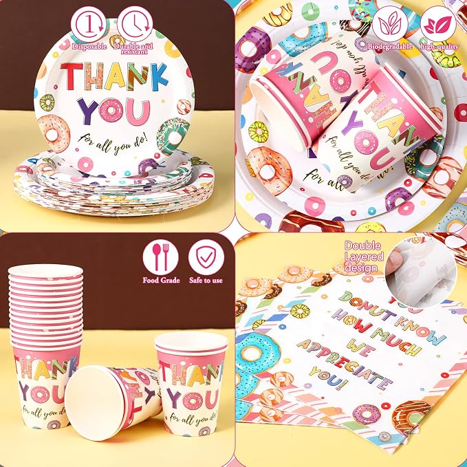 168 Pcs You Donut Know How Much We Appreciate CNA Week Gifts Bulk 2026 Party Decor Employee Appreciation Decoration Donut Thanks for All You Do Doughnut Tableware Set Serve 24 for Staff