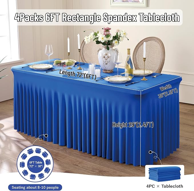 Leegleri 4 Pack Royal Blue Spandex Table Clothes for 6ft Rectangle Tables, Wrinkle Free Fitted Tablecloths for Parties, Weddings, Banquets, Baby Showers