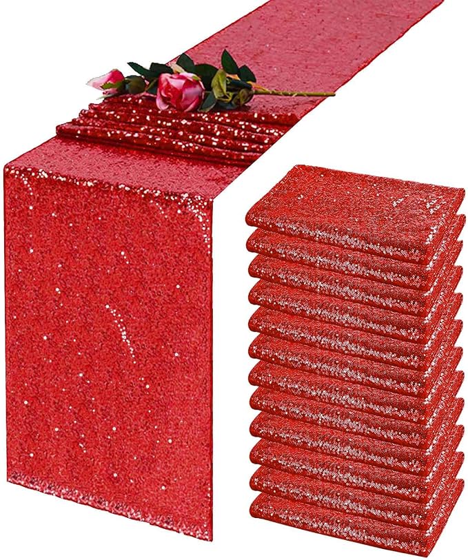 12 Pack Red Sequin Table Runner 12 x 108 Inch - High Density Sparkly Glitter Table Runners for Wedding, Birthday, Anniversary Banquet, Shimmering Red Party Decor