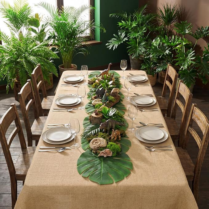 Moukeren 2 Pcs Jungle Dinosaur Party Decorations Set Artificial Palm Leaves Table Runner 70" x 11" and Large Burlap Tablecloth 105" x 53.9" Tropical Party Supplies for Birthday Jungle Hawaiian