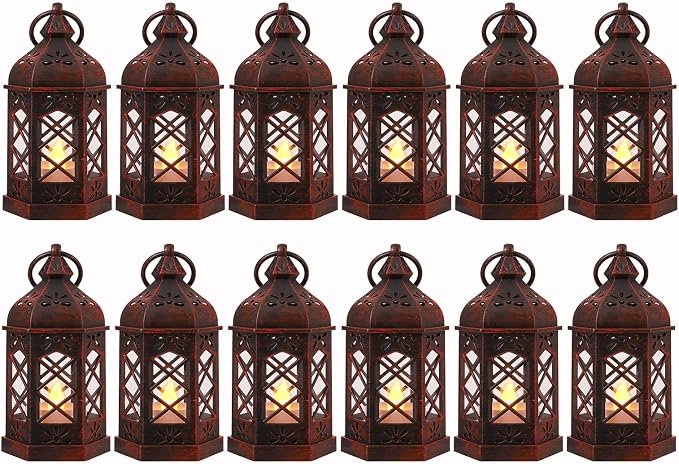 LLQ 12PCS Brushed Red Mini Lantern with LED Tealight for Halloween Decorations, Small Moroccan Lanterns for Wedding Decor, Vintage Christmas Lights for Table Centerpiece, Hanging Ornaments Bulk