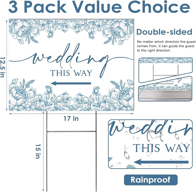 3 Pack 17''×12.5'' Wedding This Way Signs Double Sided Printed Wedding Directional Parking Sign with Stakes for Ceremony Reception Lawn Yard Arrow Signs Plastic Rainproof Party Supplies,Blue Floral