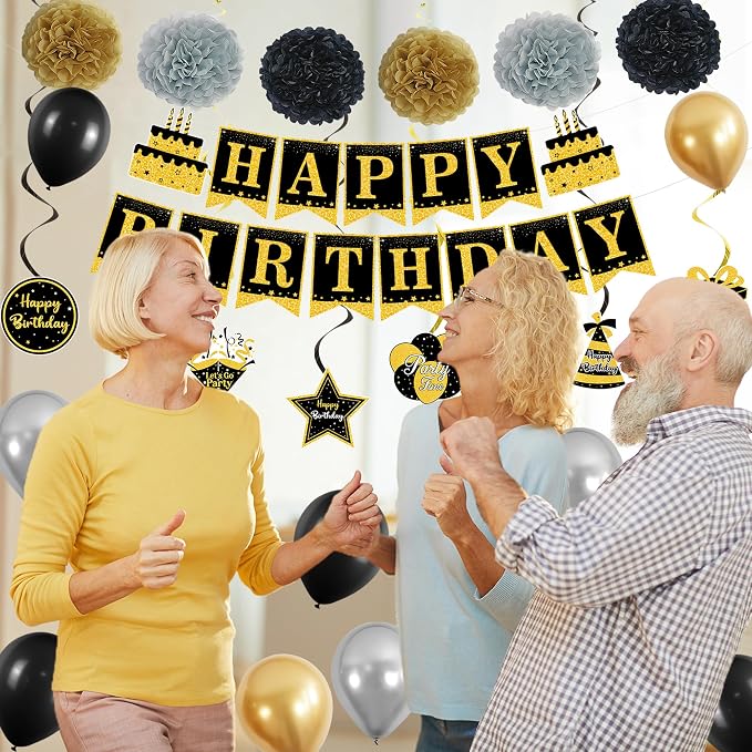 DARUNAXY Black Gold Birthday Decorations Set | Happy Birthday Banner & Sash, Balloons Pom Poms Cake Topper Hanging Swirls Birthday Decor Supplies for Men Women Boys Girls