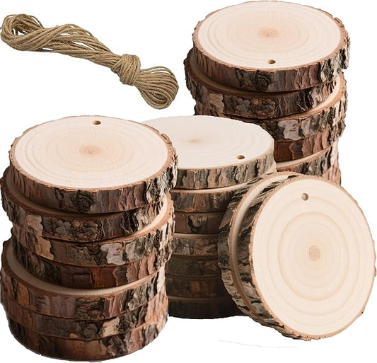 30PCS Pre-Drilled Wood Slices with Holes, 3.2-4 Inch Natural Pine Discs & 8M Hemp Rope, Sanded Smooth DIY Crafts Kit for Christmas Ornaments, Rustic Wedding Decor, Kids Art (30pcs)