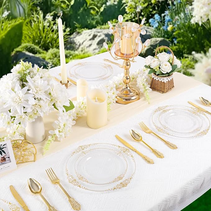 125PCS Clear Plastic Plates - Fancy Clear Gold Disposable Plates Include 25 Dinner Plates, 25 Dessert Plates, 75 Gold Plastic Silverware for 25 Guests for Wedding & Party
