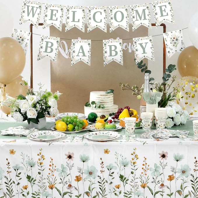 LemonRoad 128 Pcs Sage Green Floral Baby Shower Party Decorations for 25 Guests, Wildflower Welcome Baby Shower Paper Plates Napkins Cups Tablecloth Forks Banner for Spring Gender Reveal Party Supply