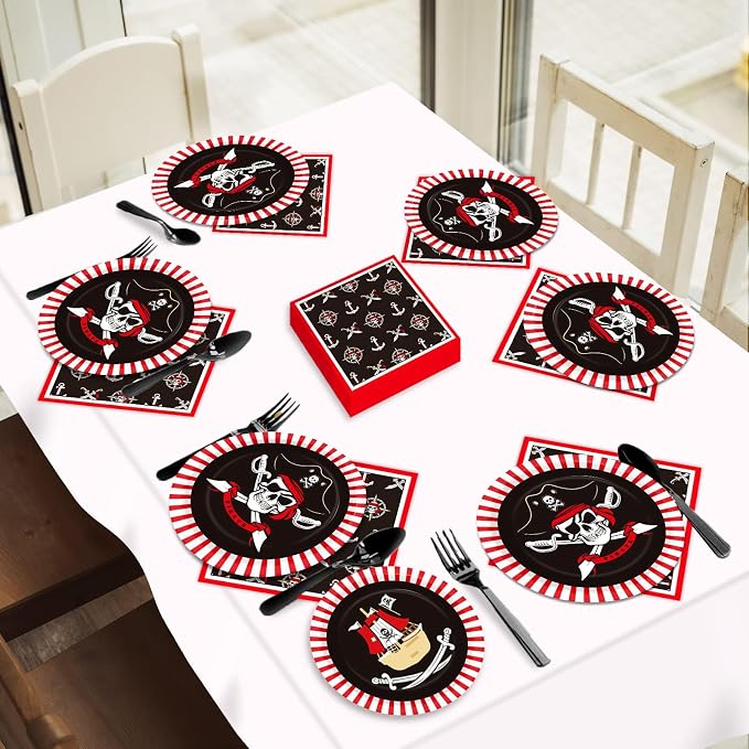 96pcs Pirate Birthday Tableware Set Pirates Party Paper Plates and Napkins Decorations Pirate ship Bone Disposable Dinnerware Supplies for Adult Teens Kids Birthday Party Favor, Severs 24
