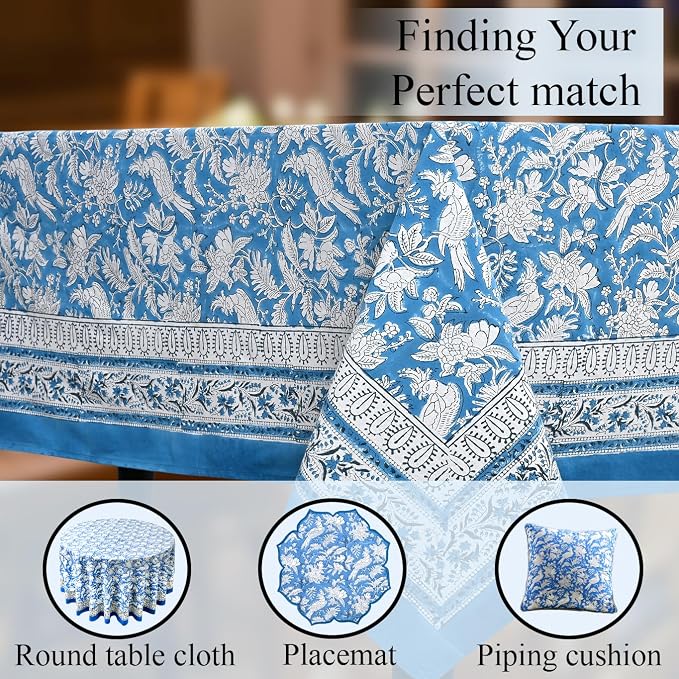 CPC Tablecloth 100% Cotton 70x118 Inch Indian Block Print Rectangle Table Cover, Washable Table Cloth for Weddings, Spring/Summer, Barbeque - Blue Sapphire