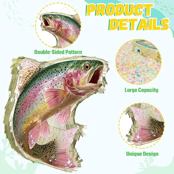 WERNNSAI Rainbow Trout Piñata - Fishing Party Decorations Trout Fish Piñata with Blindfold and Stick for Men Fishing Birthday Decorations Father's Day Celebration Carnival Supplies