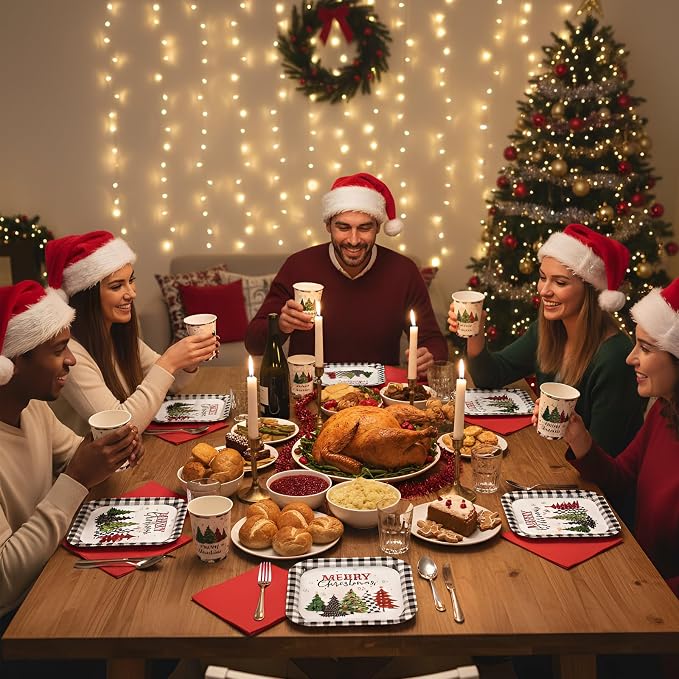Ziliny 350 Pcs Christmas Party Supplies Christmas Tree Hanging Ball Party Tableware Set Square Paper Plates Disposable Napkins Cups Plastic Cutlery for Xmas Holiday Serves 50 Guests (Xmas Plaid Tree)