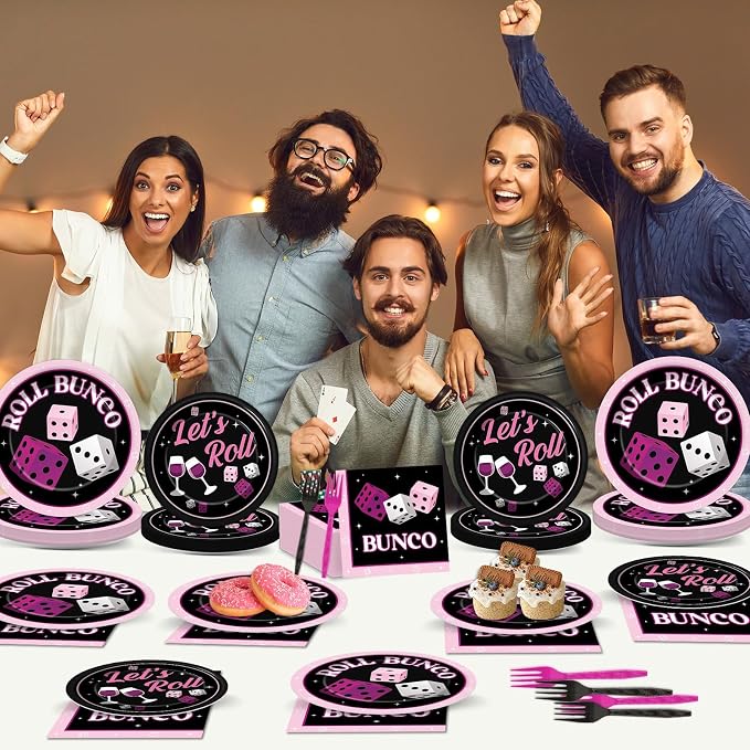 96Pcs Bunco Party Decorations Card Game Themed Tableware Pink Black Bunco Plates Napkins Forks And Napkins Let’s Roll Dinnerware Casino Night Bachelorette Party Supplies for Birthday Serves 24 Guests