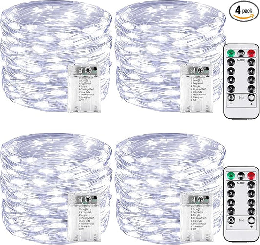 4 Pack 60 LED Fairy Lights Battery Operated with Remote, 8 Modes String Lights Indoor Outdoor, Cuttable Battery Light for Home Bedroom Wedding DIY Centerpiece Christmas Decorations (Cool White)