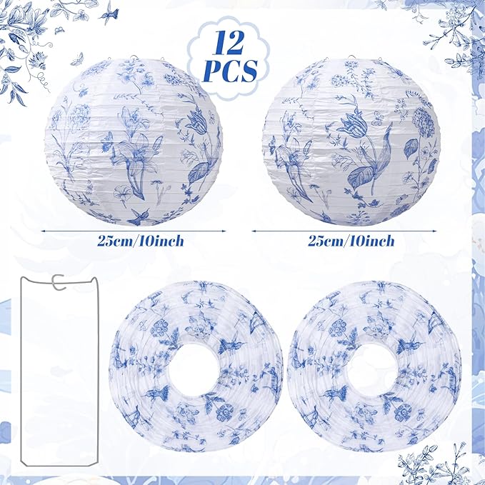 Honoson 12 Pcs Chinoiserie Paper Lanterns Blue and White Floral Chinoiserie Party Decorations Hanging 10 Inch Chinese Lanterns for Spring Wedding Bridal Shower Baby Shower Tea Party Decorations