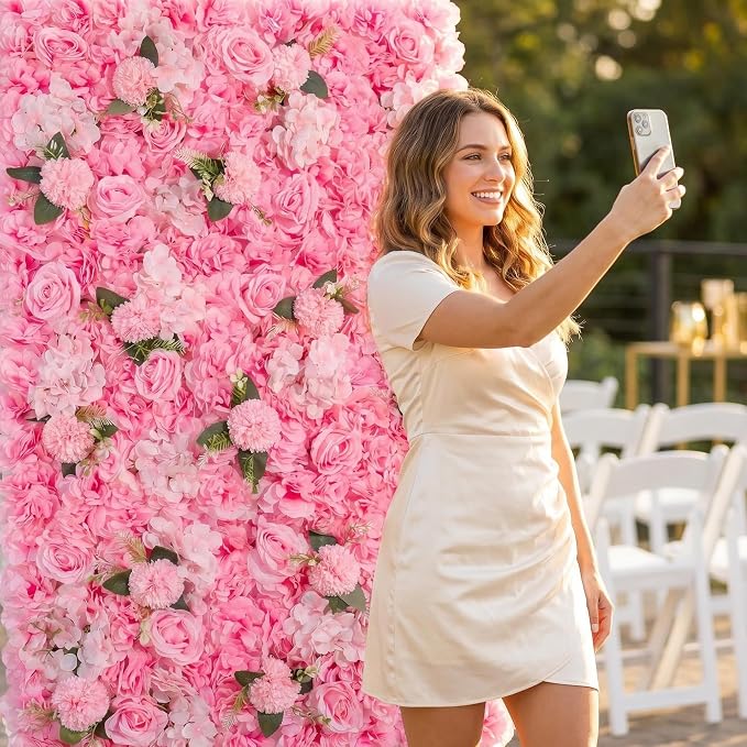 3D Flower Wall Backdrop - 6Pcs 16×24 Inch Artificial Rose Panels Pink Silk Floral Decor for Home Party Wedding Anniversary Birthday Photographic Studio Background & Decorative Fences