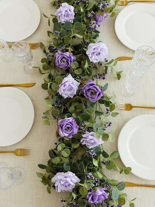 Anna's Whimsy 5.91FT Artificial Eucalyptus Garland with Flowers, Fake Rose Gypsophila Garland, Faux Floral Greenery for Wedding Spring Home Party Craft Art Table Runner Decor