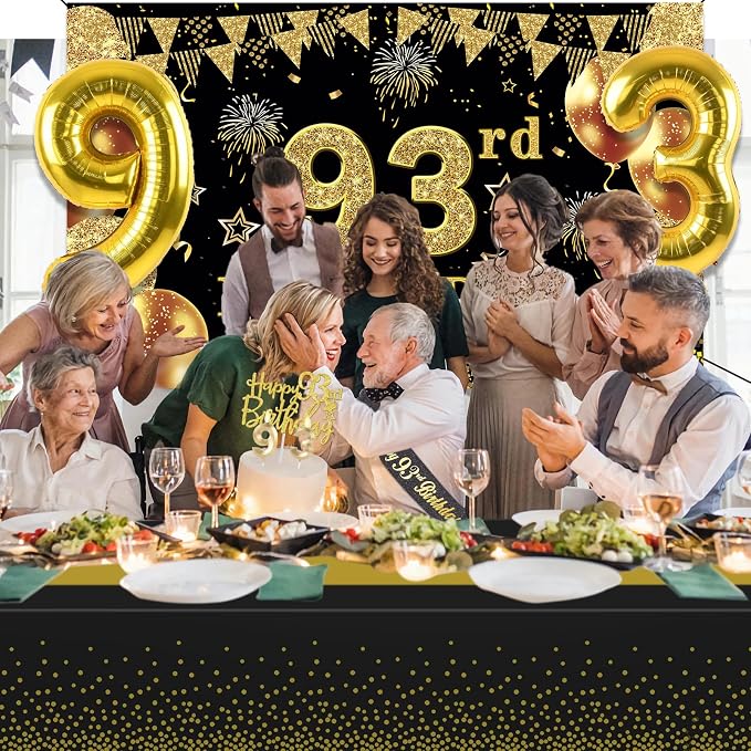 93rd Birthday Decorations Men Women with 93rd Birthday Banner, Black and Gold Table Cloth, Number Balloons, Sash, Cake Topper and Candles