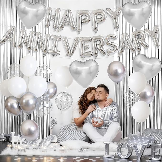 Anniversary Decorations Silver,Happy Anniversary Balloon Banner with Heart Foil Balloons Fringe Curtain for Wedding Party Valentine's Day Romantic