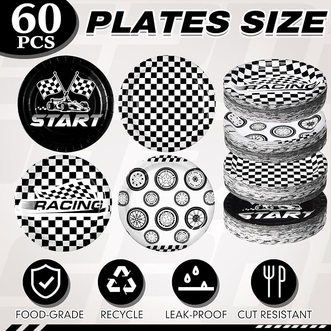 Funnymoom 60 Pcs Race Car Birthday Party Decorations 9 Inch Checkered Flag Disposable Paper Plates Racing Themed Dessert Dinnerware for Birthday Baby Shower Home Party Supplies, 4 Style