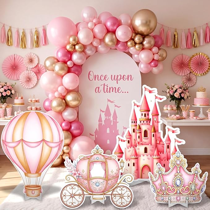 Honoson 4 Pcs Large 30" Pink Princess Cardboard Cutouts, Princess Birthday Party Decoration Castle Carriage Stand up Life Size Backdrop for Once Upon a Time Party Supplies Photo Booth Props