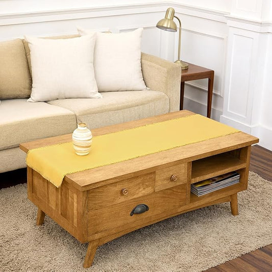 Solino Home Fringe Linen Table Runner 48 Inches - 100% Pure Linen Marigold Yellow Table Runner 14 x 48 Inch Ideal for Dresser and Coffee Tables, Spring, Summer, Mothers Day